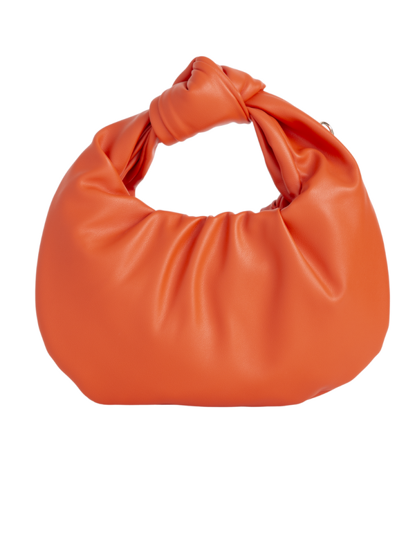 Orange Faux Leather Knot Handle Grab Bag with Strap