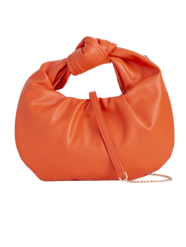 Orange Faux Leather Knot Handle Grab Bag with Strap