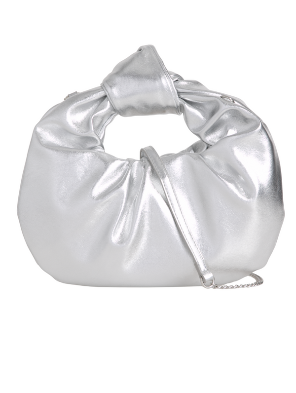 Silver Faux Leather Knot Handle Grab Bag with Strap