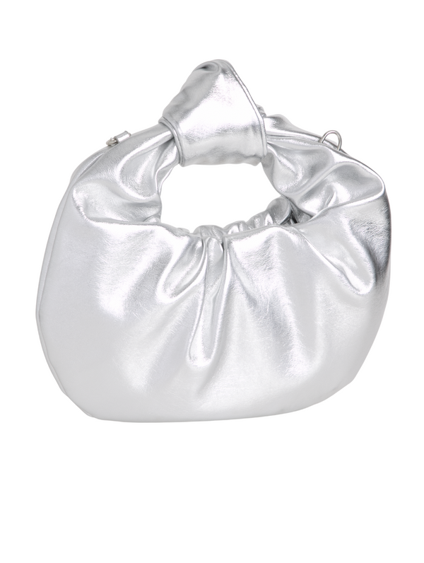 Silver Faux Leather Knot Handle Grab Bag with Strap