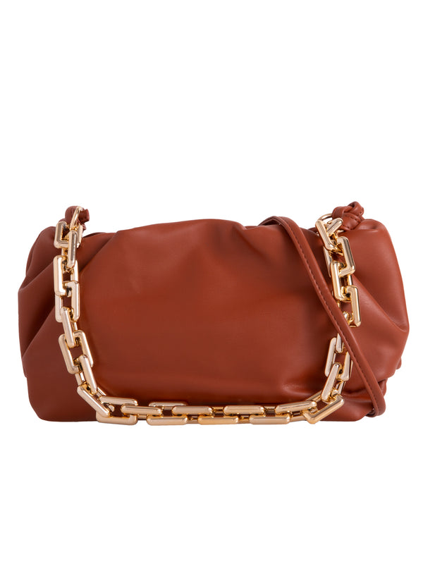 Tan Brown Soft Faux Leather Ruched Pouch Bag