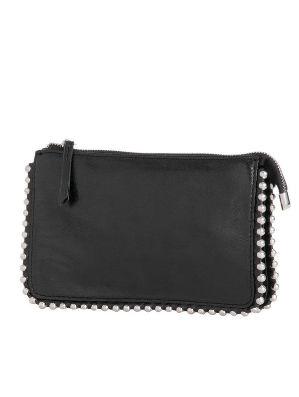 Black Beaded Detail Faux Leather Clutch Bag