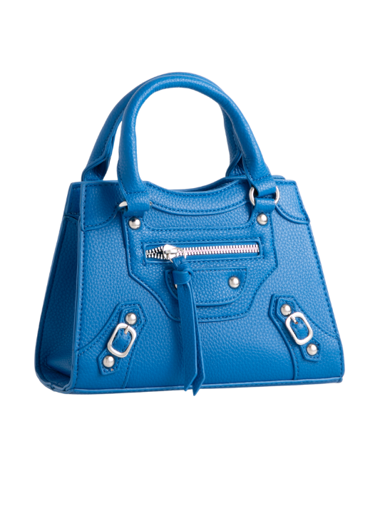 Blue Faux Leather Buckle Detail Shoulder Bag