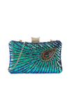Teal Blue Peacock Feather Print Sequin Clutch Bag