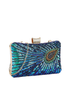 Blue beaded clutch with peacock feather design on a white background