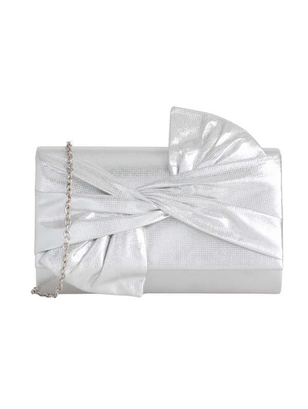 Silver Metallic Fabric Bowtie Evening Clutch Bag