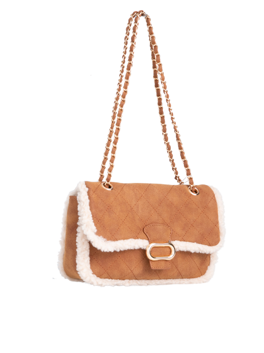 Tanned Brown Shearling Effect Faux Suede Shoulder Bag