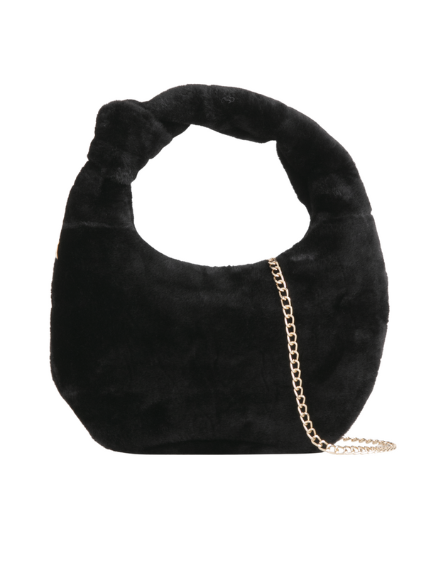 Black Faux Fur Knot Detail Hobo Bag