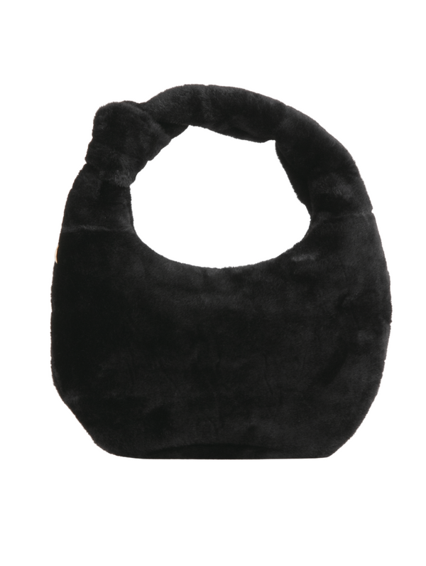 Black Faux Fur Knot Detail Hobo Bag