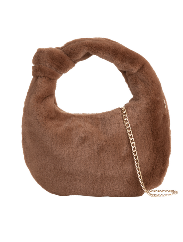 Brown Teddy Faux Fur Knot Detail Hobo Bag