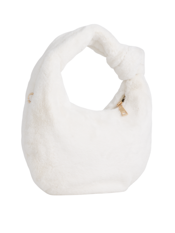 Ivory Faux Fur Knot Detail Hobo Bag