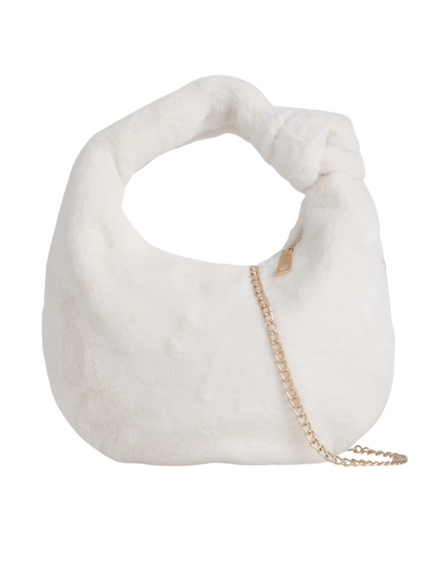 Ivory Faux Fur Knot Detail Hobo Bag