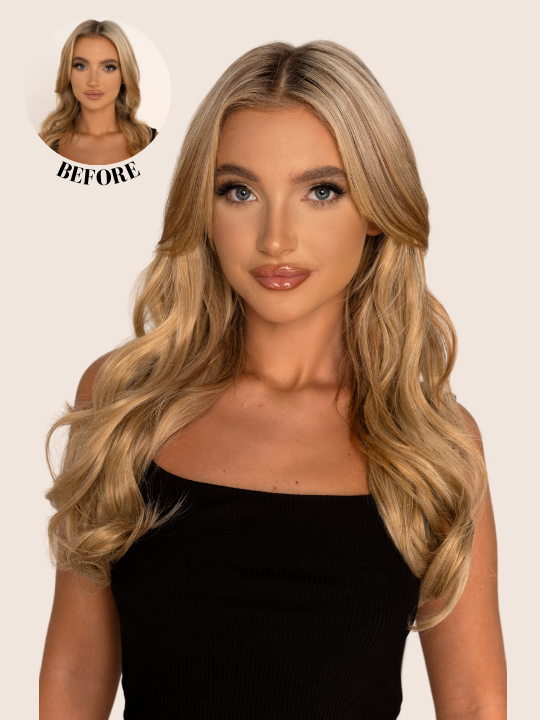 16 Inch Curly One Piece Clip in Hair Extensions in Honey Blonde before and after
