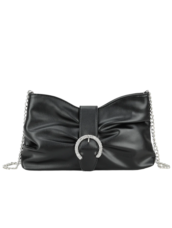 black RuchedFaux Leather embellished Buckle Detail Clutch Bag