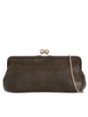 Olive Green Oversized Faux Leather Kiss Lock Clutch Bag
