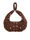 Coffee Brown Suedette Studded Half Moon Bag with handle pushed through the hoop