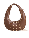 Coffee Brown Studded Faux Leather Crescent Shoulder Bag
