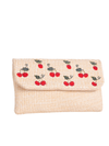 Beige Woven Faux Straw Foldover Clutch with Embroidered Cherry Print
