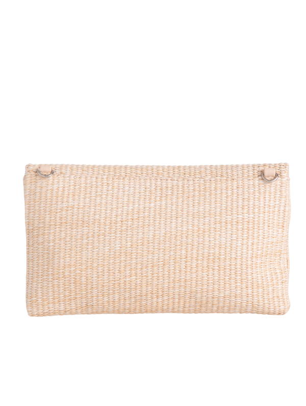 Beige Woven Faux Straw Foldover Clutch with Embroidered Cherry Print