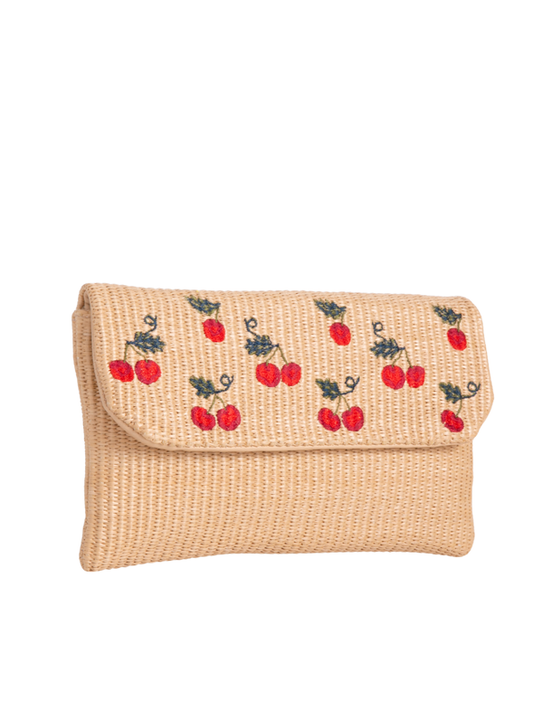Camel Woven Faux Straw Foldover Clutch with Embroidered Cherry Print