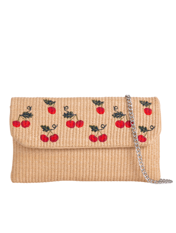 Camel Woven Faux Straw Foldover Clutch with Embroidered Cherry Print