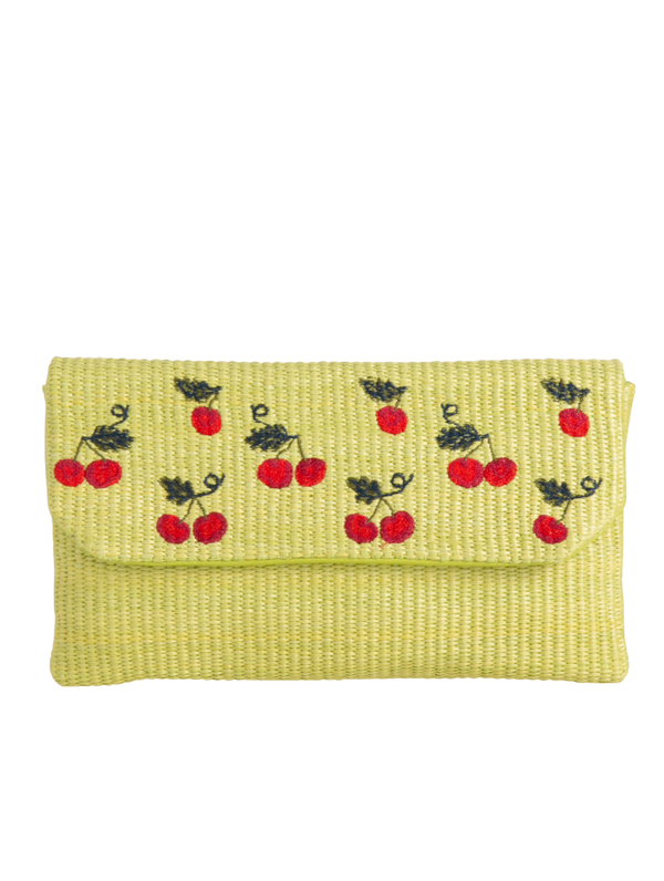 Green Woven Faux Straw Foldover Clutch with Embroidered Cherry Print