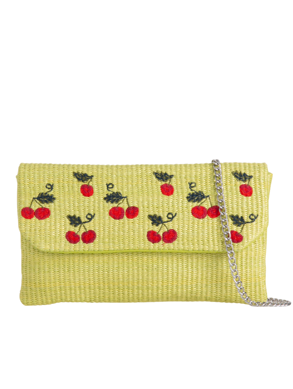 Green Woven Faux Straw Foldover Clutch with Embroidered Cherry Print