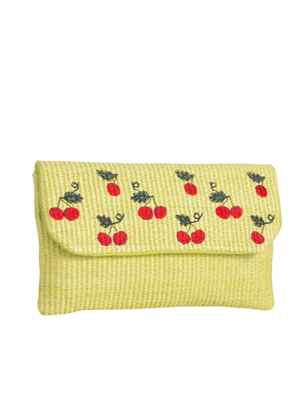 Green Woven Faux Straw Foldover Clutch with Embroidered Cherry Print