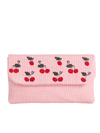 Pink Woven Faux Straw Foldover Clutch with Embroidered Cherry Print