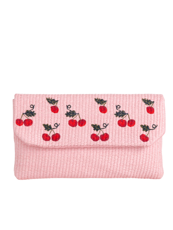Pink Woven Faux Straw Foldover Clutch with Embroidered Cherry Print