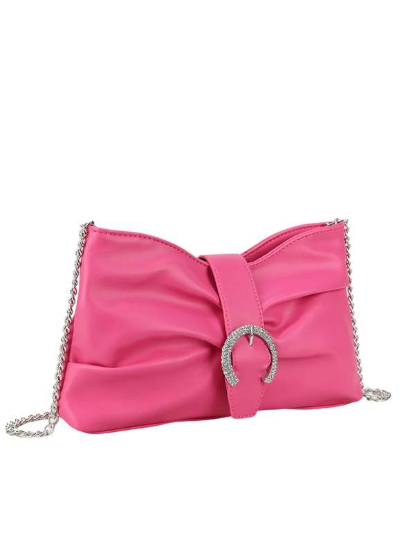 Fuchsia Faux Leather Ruched Buckle Detail Clutch Bag