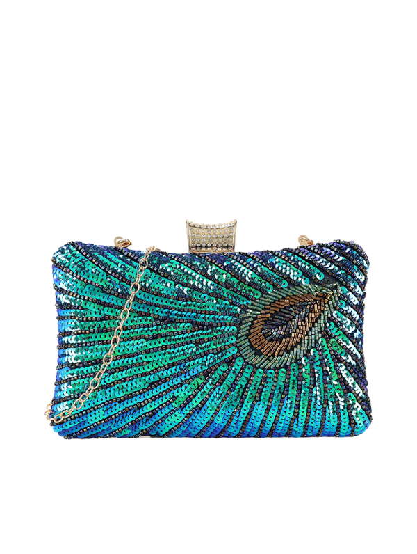 Teal Blue Peacock Feather Print Sequin Clutch Bag