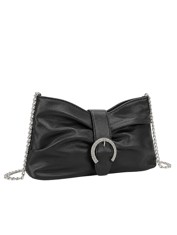 Black Faux Leather Ruched Buckle Detail Clutch Bag