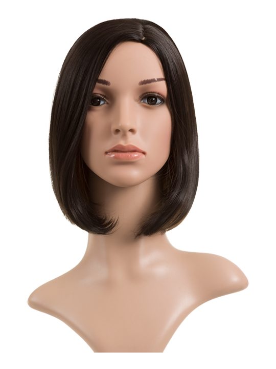 Long Bob Full Head Wig Dark Brown on mannequin. Font view.