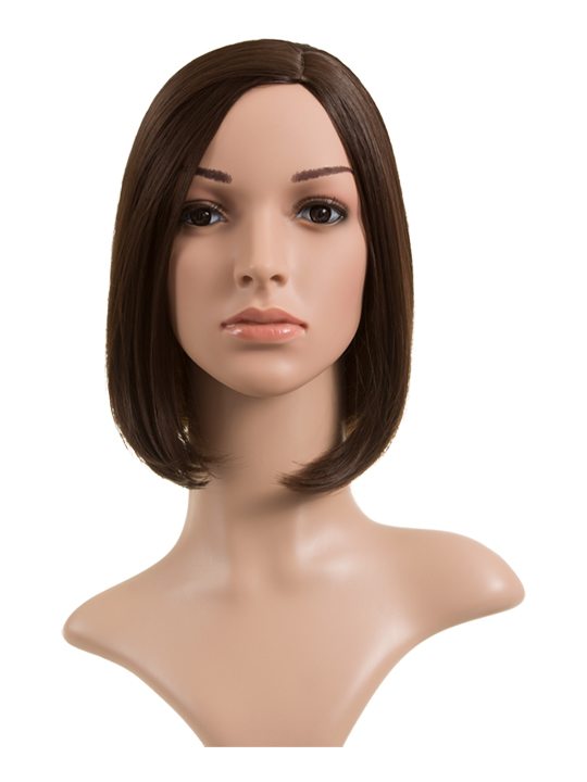 Long Bob Full Head Wig Chocolate Brown on mannequin, front view.