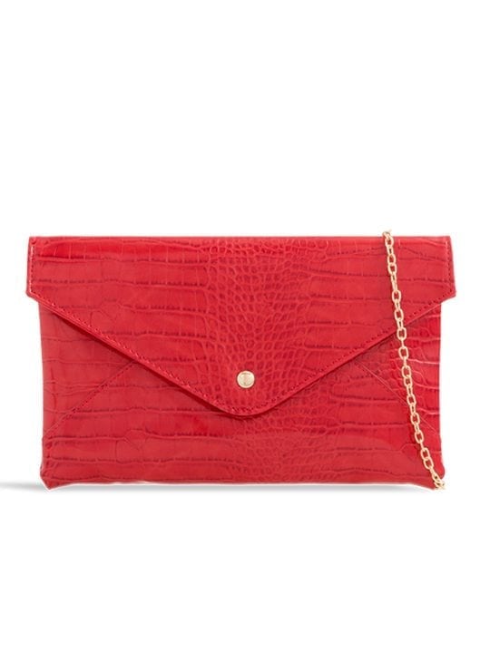 front of Red Faux Crocodile Pattern Envelope Clutch Bag