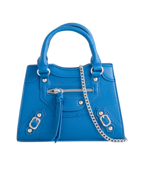 Blue Faux Leather Buckle Detail Shoulder Bag