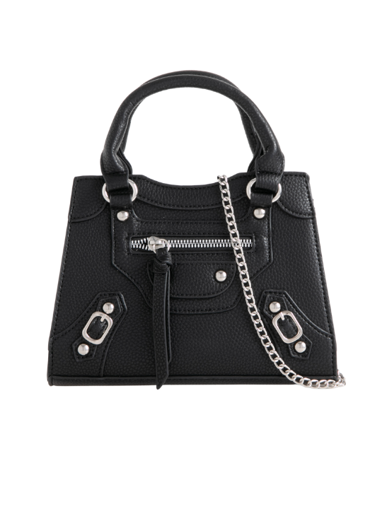 Black Faux Leather Buckle Detail Shoulder Bag