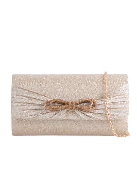 Gold Rhinestone Bow Detail Clutch Bag
