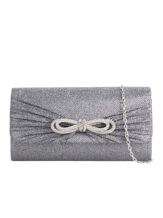 Grey Rhinestone Bow Detail Clutch Bag
