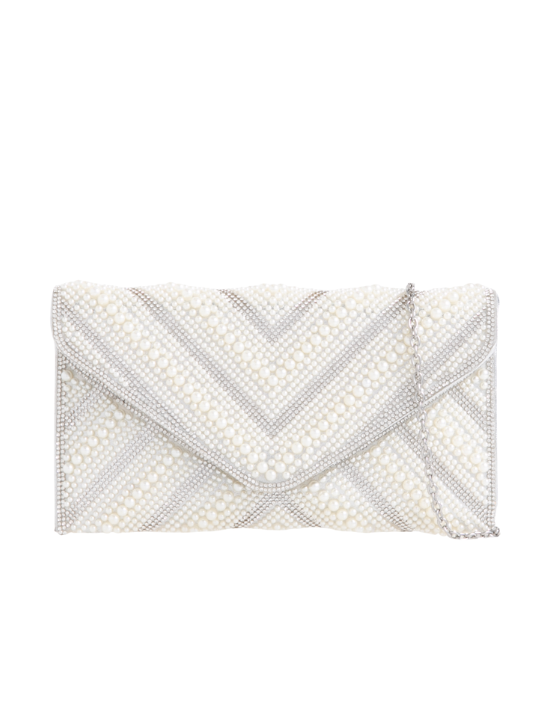Silver Pearl and Rhinestone Embellished Envelope Clutch