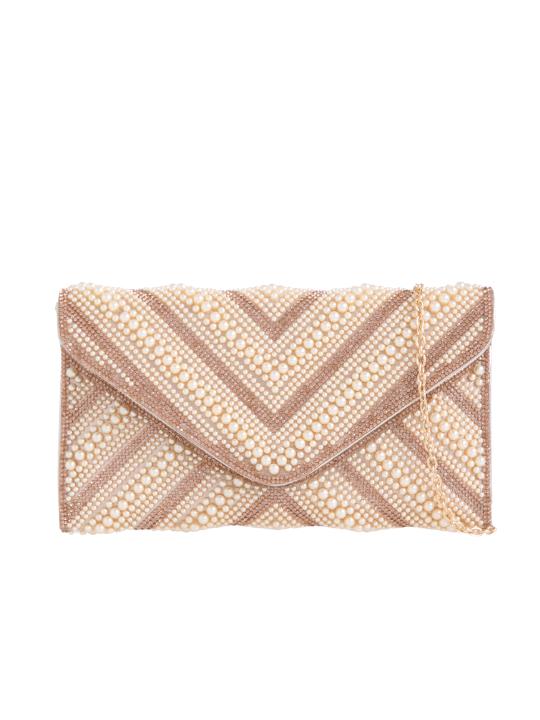 Gold Pearl and Rhinestone Embellished Envelope Clutch